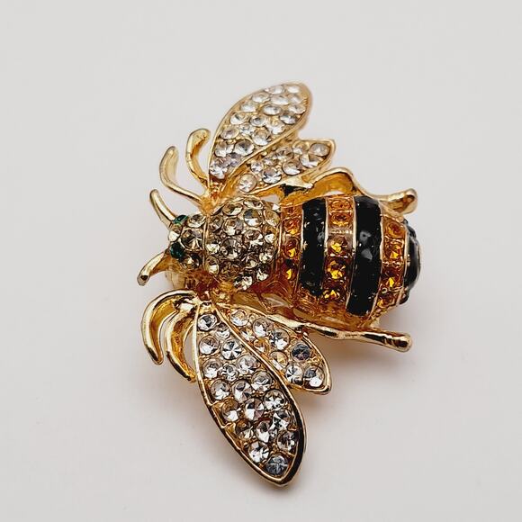 Bee Gold Plated Brooch, Insect Pin Clear Black Yellow Rhinestones Signed Ricinni - Picture 11 of 11